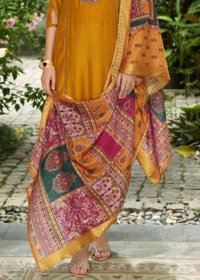 3 Pc Yellow Readymade Silk Dupatta Suit Set