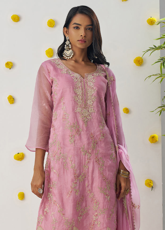 3 Pc Pink Readymade Silk Dupatta Suit Set
