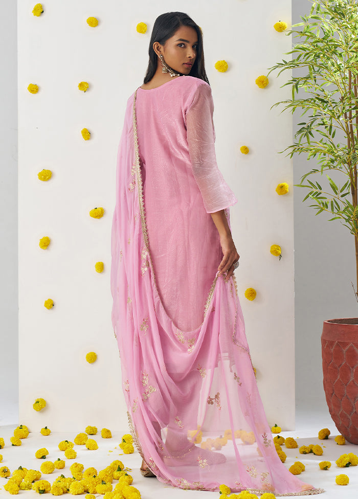 3 Pc Pink Readymade Silk Dupatta Suit Set