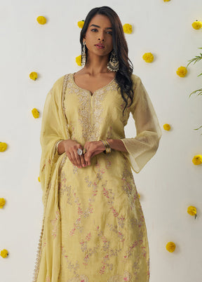 3 Pc Yellow Readymade Silk Dupatta Suit Set
