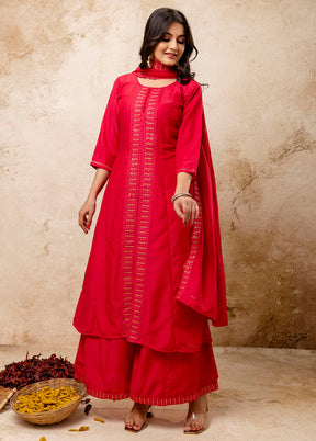 3 Pc Pink Readymade Silk Dupatta Suit Set