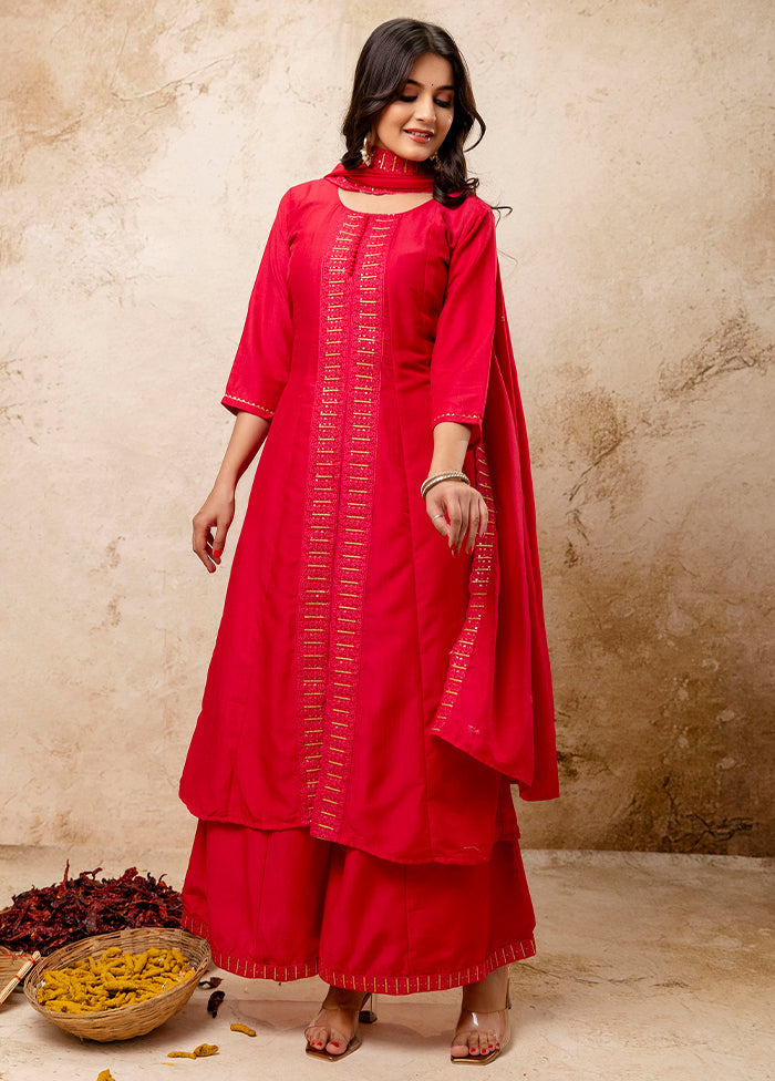 3 Pc Pink Readymade Silk Dupatta Suit Set