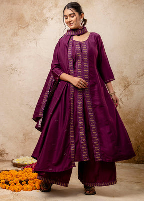 3 Pc Purple Readymade Silk Dupatta Suit Set