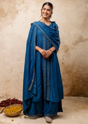 3 Pc Teal Blue Readymade Silk Dupatta Suit Set