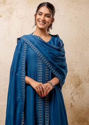 3 Pc Teal Blue Readymade Silk Dupatta Suit Set