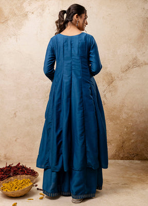 3 Pc Teal Blue Readymade Silk Dupatta Suit Set
