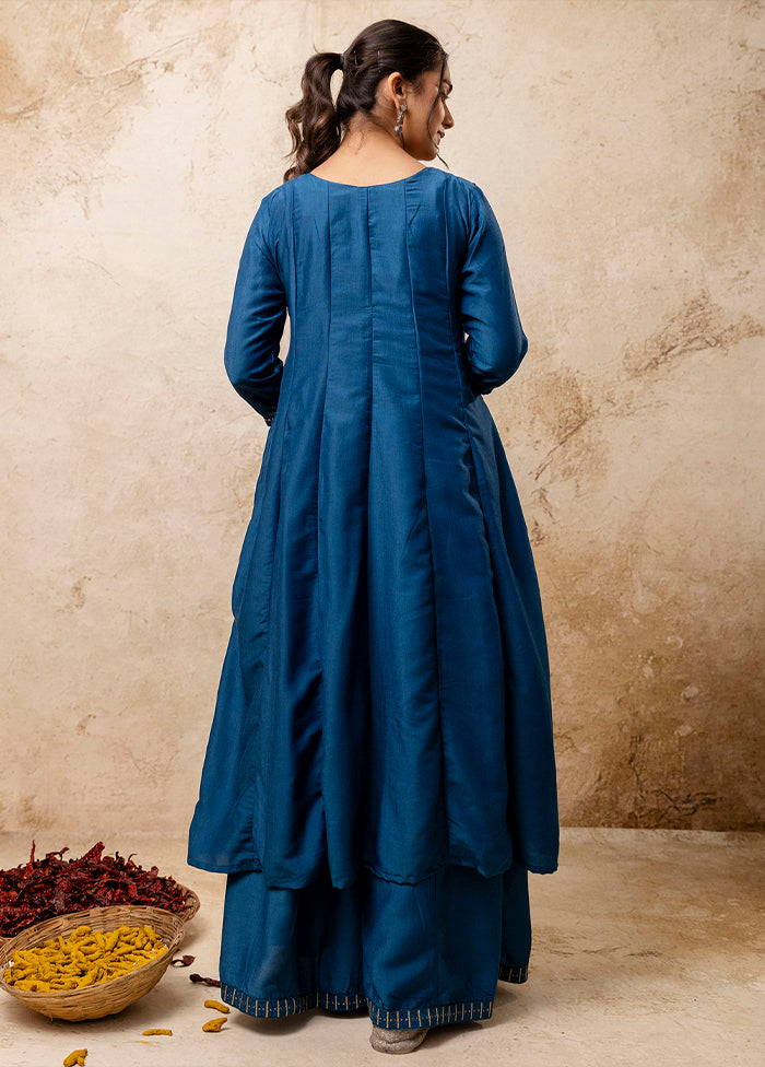 3 Pc Teal Blue Readymade Silk Dupatta Suit Set