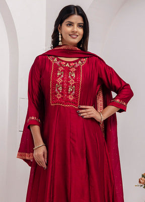 3 Pc Red Readymade Silk Dupatta Suit Set