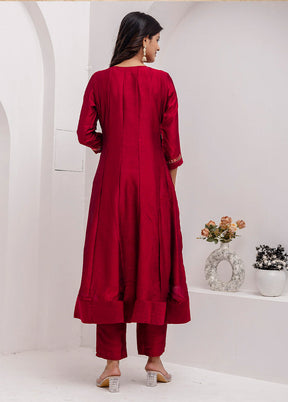 3 Pc Red Readymade Silk Dupatta Suit Set