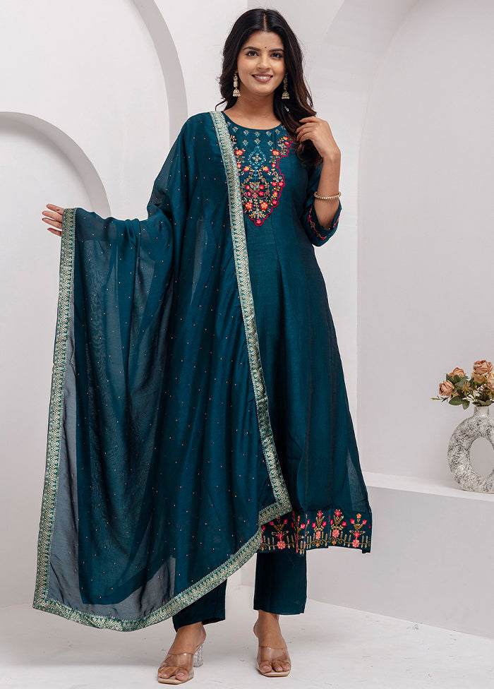 3 Pc Teal Blue Readymade Silk Dupatta Suit Set