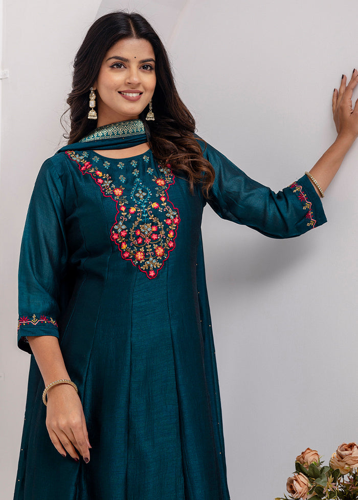 3 Pc Teal Blue Readymade Silk Dupatta Suit Set