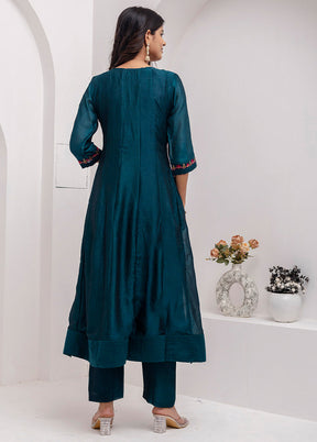 3 Pc Teal Blue Readymade Silk Dupatta Suit Set