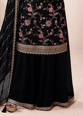 3 Pc Black Silk Sharara Suit Set
