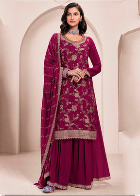 3 Pc Wine Silk Sharara Suit Set