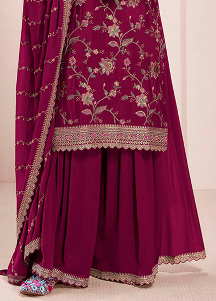 3 Pc Wine Silk Sharara Suit Set