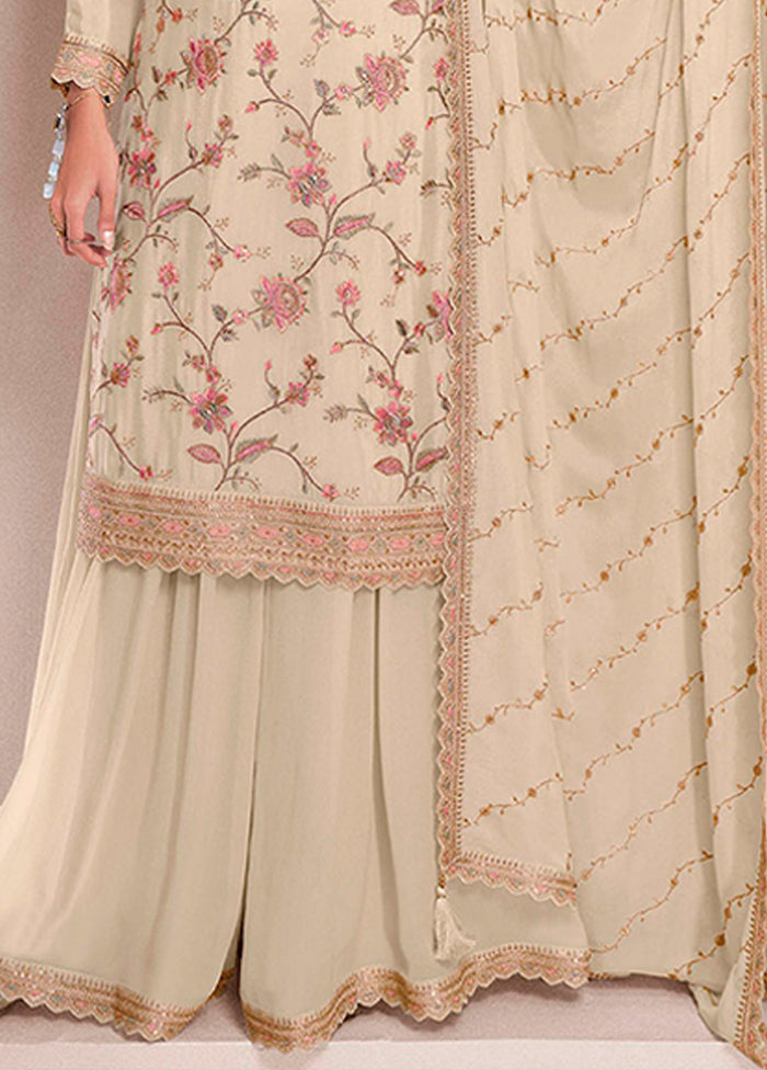 3 Pc Cream Silk Sharara Suit Set