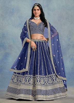 Blue Blended Silk Lehenga Set