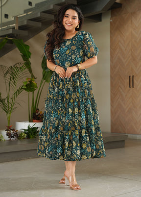 Blue Printed Work Georgette Kurti