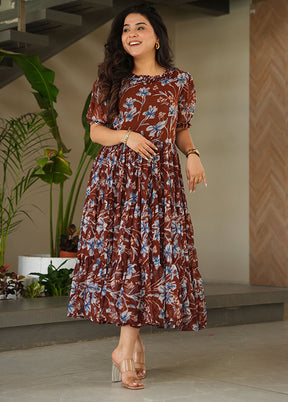 Brown Printed Work Georgette Kurti
