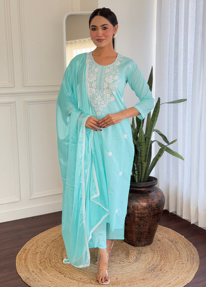 3 Pc Sky Blue Readymade Cotton Dupatta Suit Set