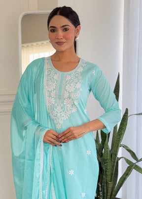 3 Pc Sky Blue Readymade Cotton Dupatta Suit Set