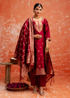 3 Pc Maroon Readymade Cotton Dupatta Suit Set
