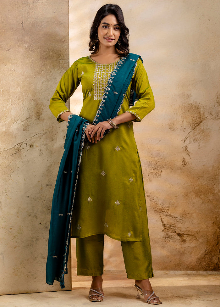 3 Pc Mehendi Readymade Silk Dupatta Suit Set