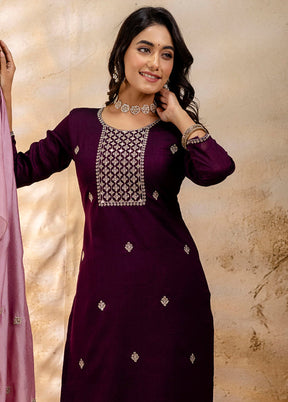 3 Pc Purple Readymade Silk Dupatta Suit Set
