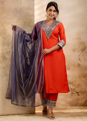 3 Pc Orange Readymade Viscose Dupatta Suit Set