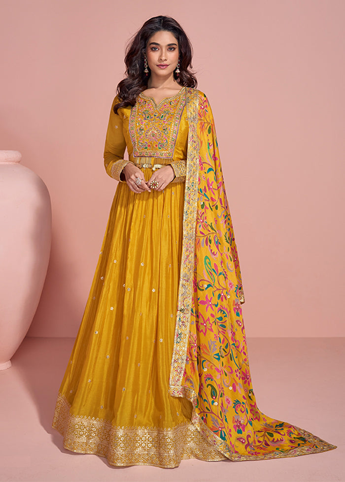 Yellow Embroidery Work Silk Anarkali Suits
