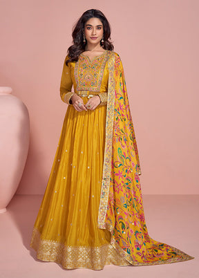 Yellow Embroidery Work Silk Anarkali Suits