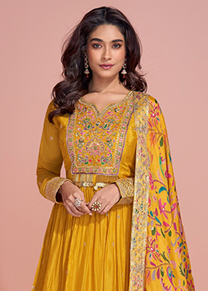 Yellow Embroidery Work Silk Anarkali Suits