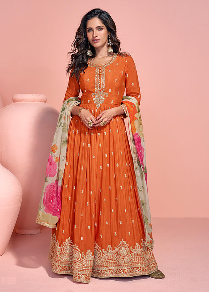 Orange Embroidery Work Silk Anarkali Suits