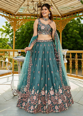 Green Blended Silk Lehenga Set