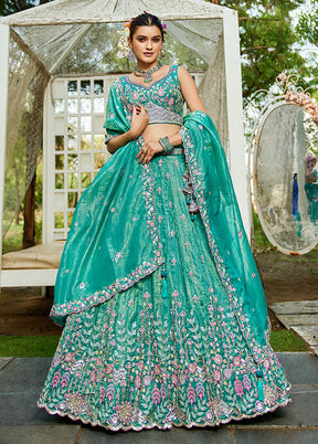 Green Blended Silk Lehenga Set