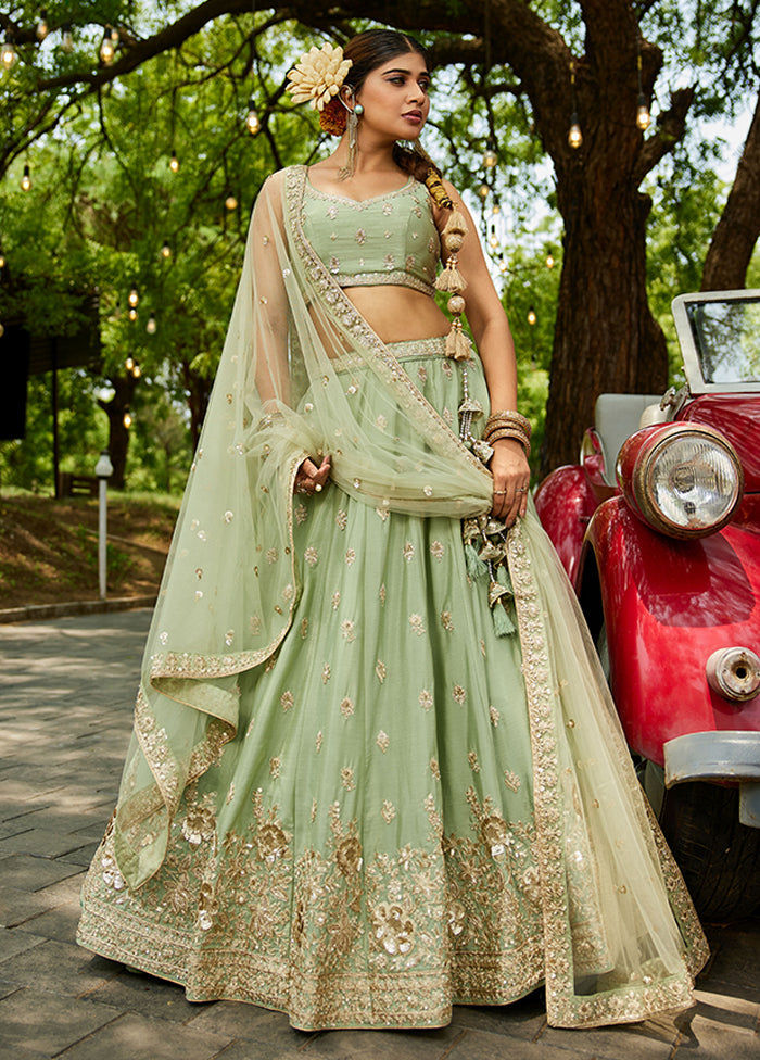 Green Blended Silk Lehenga Set
