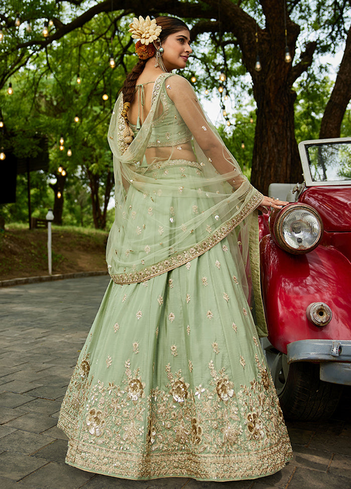 Green Blended Silk Lehenga Set