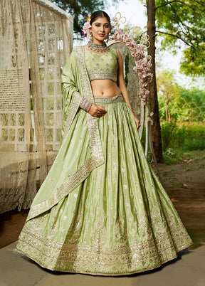 Green Blended Silk Lehenga Set