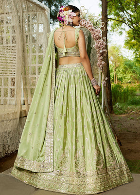 Green Blended Silk Lehenga Set