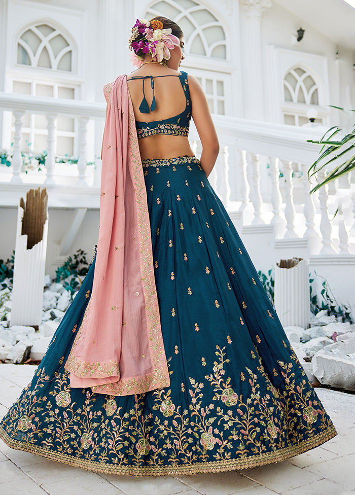 Blue Blended Silk Lehenga Set