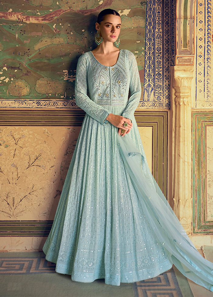Blue Embroidery Work Georgette Anarkali Suits