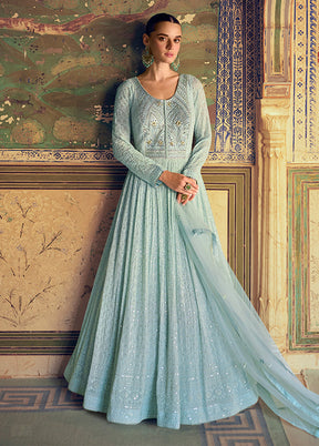 Blue Embroidery Work Georgette Anarkali Suits