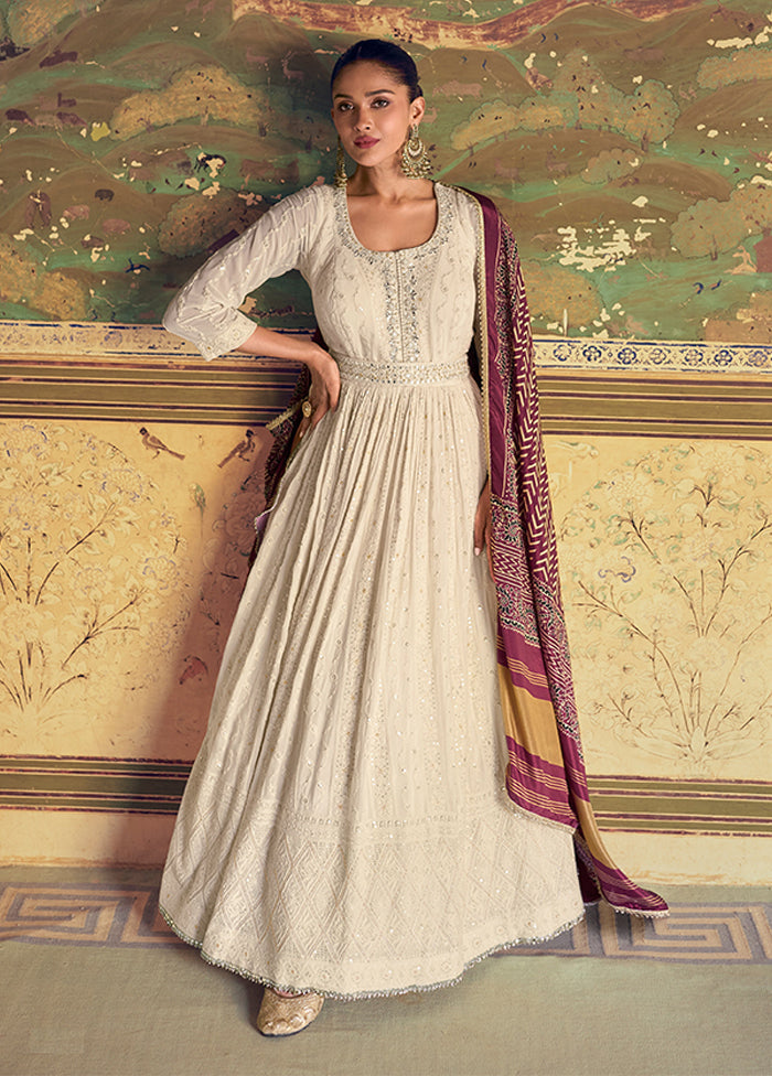 White Embroidery Work Georgette Anarkali Suits