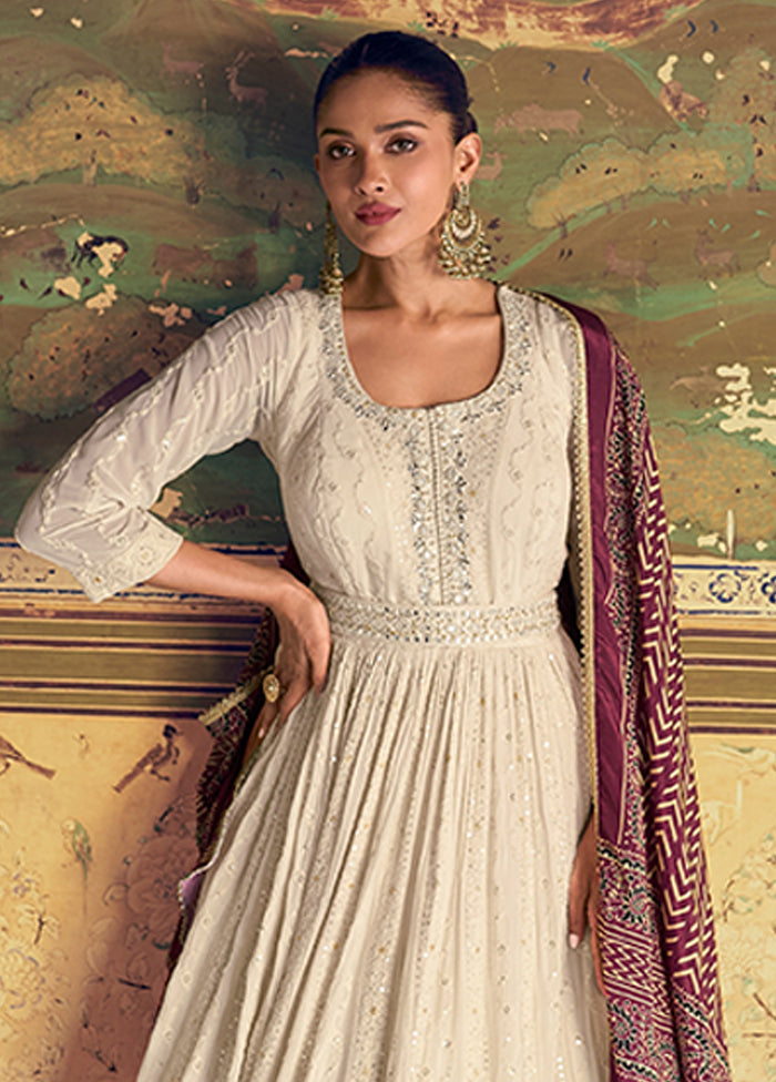 White Embroidery Work Georgette Anarkali Suits