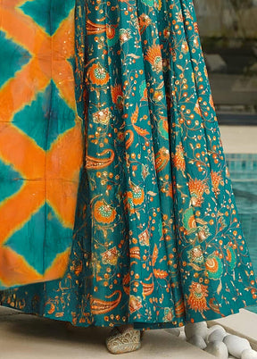 Green Printed Work Silk Gown With Dupatta Set