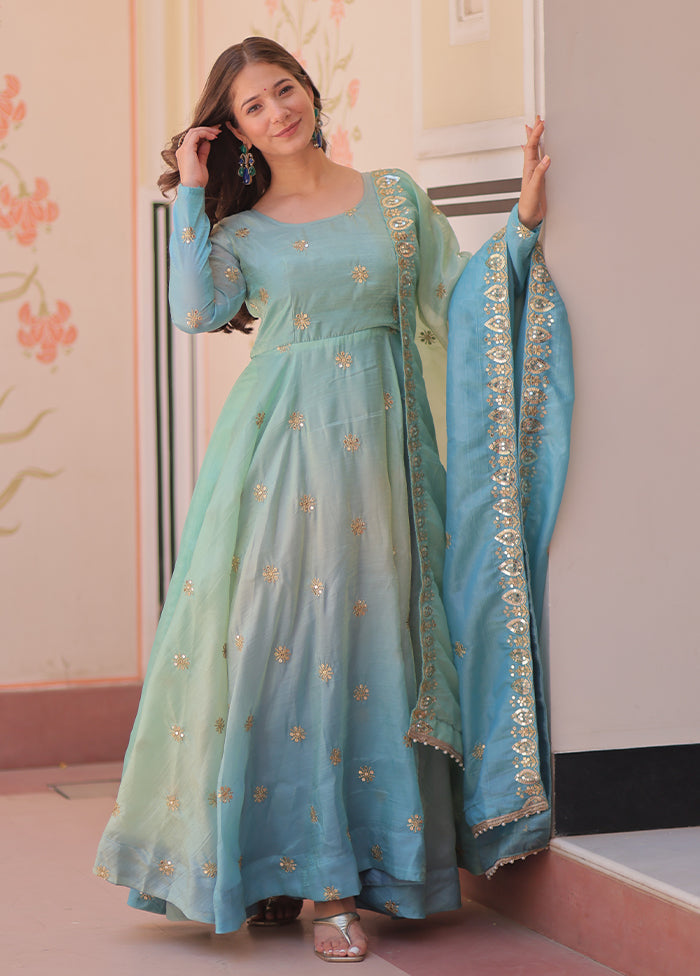 Blue Embroidery Work Organza Gown With Dupatta Set