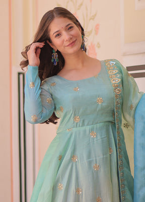 Blue Embroidery Work Organza Gown With Dupatta Set