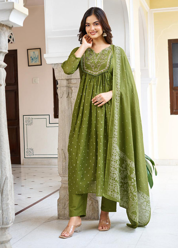 3 Pc Green Cotton Suit Set