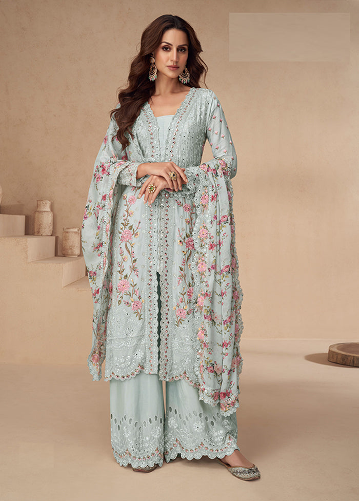 3 Pc Grey Silk Plazzo Suits Set