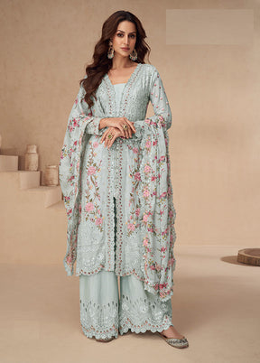 3 Pc Grey Silk Plazzo Suits Set